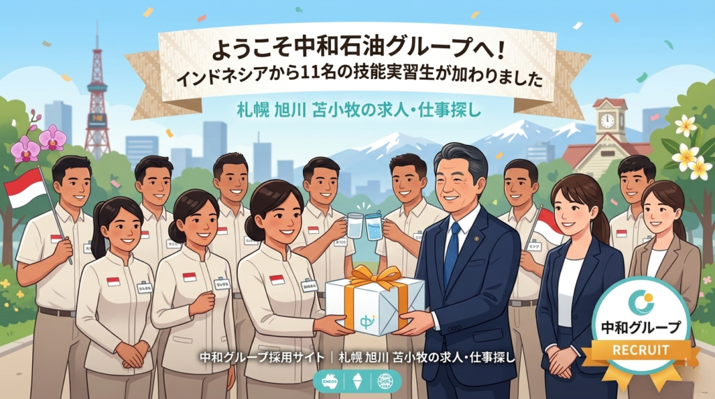 「中和グループの採用サイト向けイラスト。上部の白いバナーには『ようこそ中和石油グループへ！ インドネシアから11名の技能実習生が加わりました』と小さな文字で『札幌 旭川 苫小牧の求人・仕事探し』のテキスト。中央には、笑顔のインドネシア人技能実習生11名と、中和グループのスーツ姿の日本人男性1名（中央に立っている社長のような男性）、女性2名が集合写真のように並んでいる。インドネシア人実習生は国旗モチーフの制服を着て、小旗を持っている。日本人男性が、水色のロゴ入りプレゼントボックス（お土産）を手渡しており、全体的に歓迎ムード。背景は札幌テレビ塔、雪景色の山々、時計台など北海道の風景。下部の白いバナーには『中和グループ採用サイト | 札幌 旭川 苫小牧の求人・仕事探し』。バナー下にはENEOS、アイスクリーム、地球儀のロゴ。右下には『中和グループ RECRUIT』のバッジ。全体的にクリーンなアニメ風イラストｂｂ