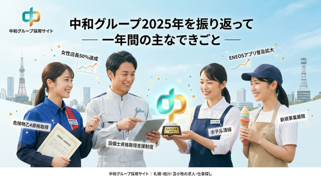 中和グループ全体の資格取得支援制度拡充を伝えるアニメ調のイラスト。上部に「資格取得支援制度が拡充されました（中和グループ全体対象）」のテキスト。中央には、笑顔の従業員4人がそれぞれの資格証を持って並んでいる。左から、ENEOS Enejetの制服を着た男性スタッフが「危険物乙4」の資格証、白いブラウスの女性スタッフが「簿記・PCスキル」の認定証、白い作業着の男性スタッフが「自動車整備士」の認定証、白いシャツとエプロンの女性スタッフが「食品衛生」の認定証を提示。背景は札幌のテレビ塔と時計台、山並みが見える青空の街並み。従業員の頭上とフッターにIndeedとLINEのロゴアイコン。フッターには「中和グループ採用サイト ｜ 札幌・旭川・苫小牧の求人・仕事探し」のテキスト