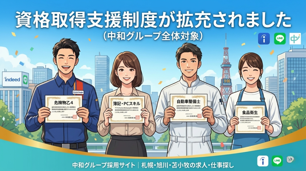 中和グループの資格取得支援制度拡充を伝えるアニメ調のイラスト。上部に「資格取得支援制度が拡充されました（中和グループ全体対象）」のテキスト。中央には、笑顔の従業員4人がそれぞれの資格証を持って並んでいる。左から、ENEOS制服の男性が「危険物乙4」、ビジネス服装の女性が「簿記・PCスキル」、作業着の男性が「自動車整備士」、エプロン姿の女性が「食品衛生」の資格証を提示。背景は札幌のテレビ塔と時計台、山並みが見える青空の街並み。上部と下部にはindeed、LINE、中和グループのロゴアイコン。フッターには「中和グループ採用サイト ｜ 札幌・旭川・苫小牧の求人・仕事探し