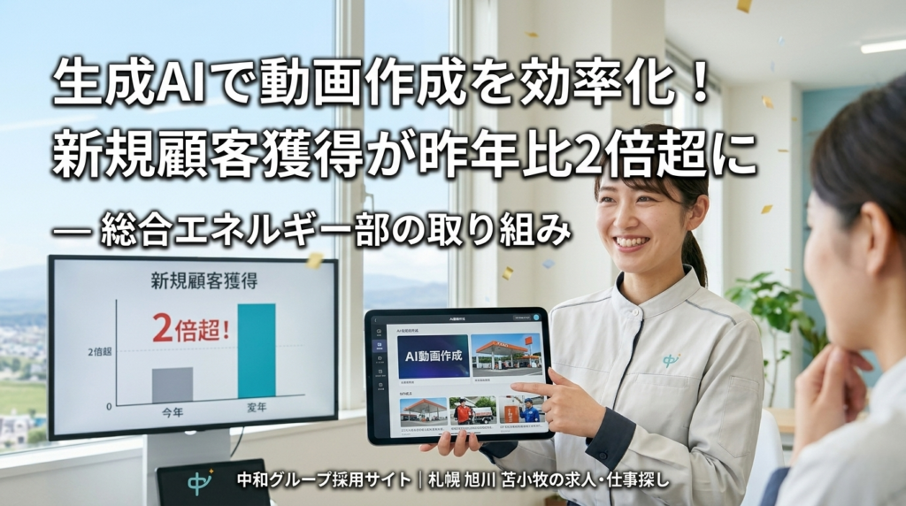 「中和グループ総合エネルギー部の明るくクリーンな事務所で、20代の女性スタッフが笑顔でタブレットのAI動画作成ツールを説明している。タブレットの画面には「AI動画作成」と編集画面が表示されており、背景のホワイトボードには「新規顧客獲得2倍超！」というグラフと文字が見える。清潔感と安心感のあるカフェのような雰囲気。
