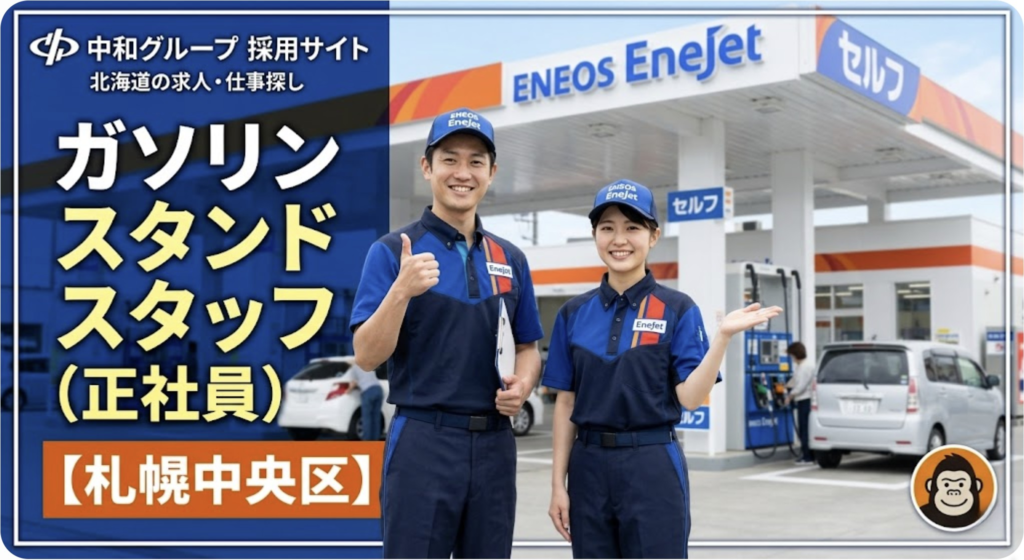 ENEOS EneJetの制服を着て笑顔で迎える中和グループのガソリンスタンドスタッフ（正社員）求人のアイキャッチ画像。札幌中央区のセルフENEOS EneJet山鼻SS（image_11.png）にて、2名のスタッフが自信を持って立っており、背景にはセルフ給油を行うお客様やENEOSのロゴ、EneJetの看板が見える