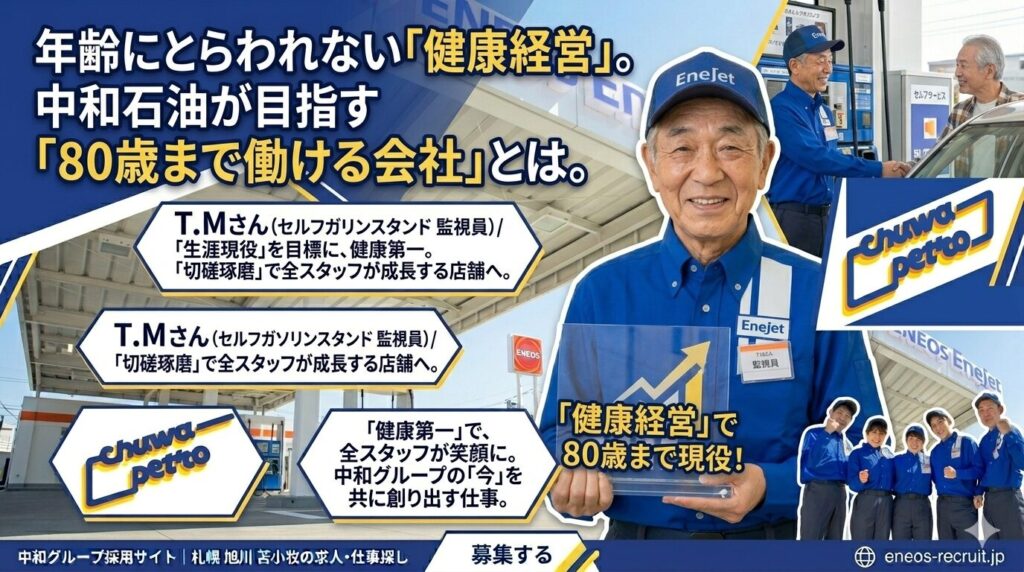 健康経営」。中和石油が目指す「80歳まで働ける会社」とは』というメインの見出し。見出しの下には『T.Mさん（セルフガソリンスタンド 監視員）／「生涯現役」を目標に、健康第一。「切磋琢磨」で全スタッフが成長する店舗へ。』という紹介文がある。 画像中央には、笑顔でカメラを見つめるシニア男性社員（T.Mさん）が立っている
