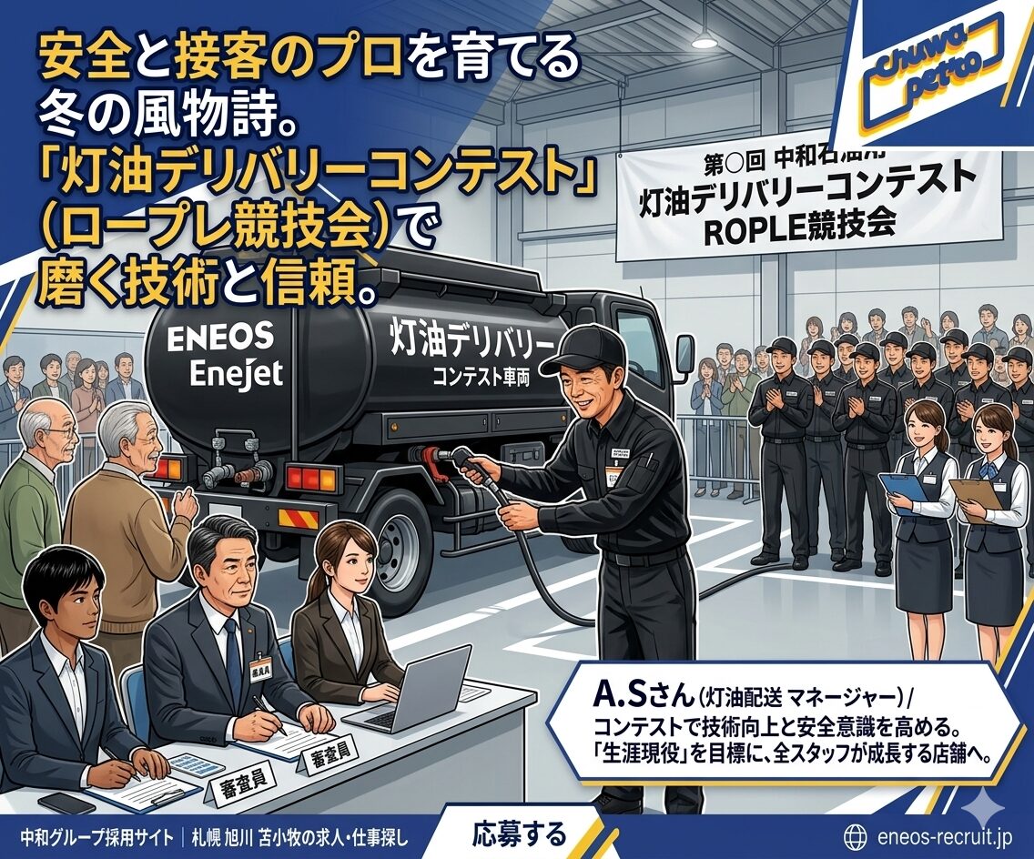 「灯油デリバリーコンテスト」で磨く技術と信頼。』というメインの見出し。見出しの下には『A.Sさん(灯油配送 マネージャー)/コンテストで技術向上と安全意識を高める。』という紹介文がある。 画像右側には、笑顔でカメラを見つめる男性社員(A.Sさん)が立っている。彼は『EneJet』とロゴが入った青いユニフォームを着用し、名札には『灯油配送 A.Sさん』と書かれている。彼は『デリバリーコンテストで磨く安全と接客! 未経験から成長中!』と書かれたアクリル板を掲げている。